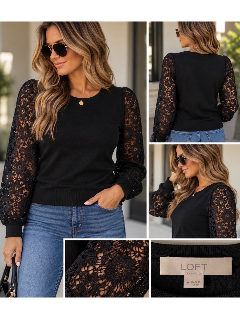 LOFT women’s black long-sleeve top, size Medium.